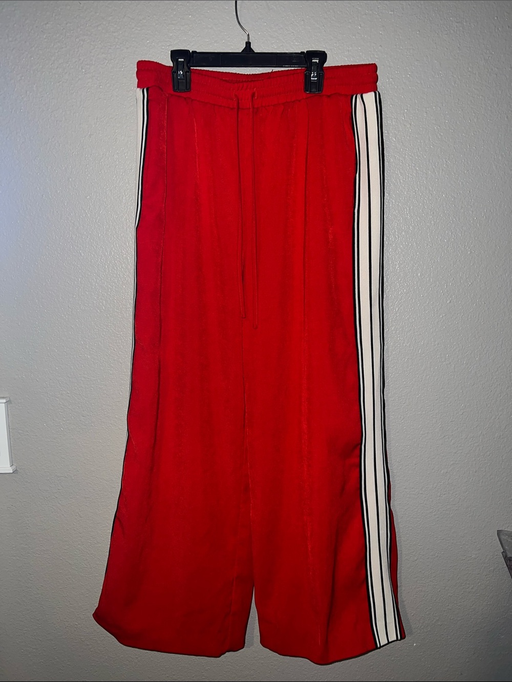 Wide Leg Red Track Pants with Side Stripes
